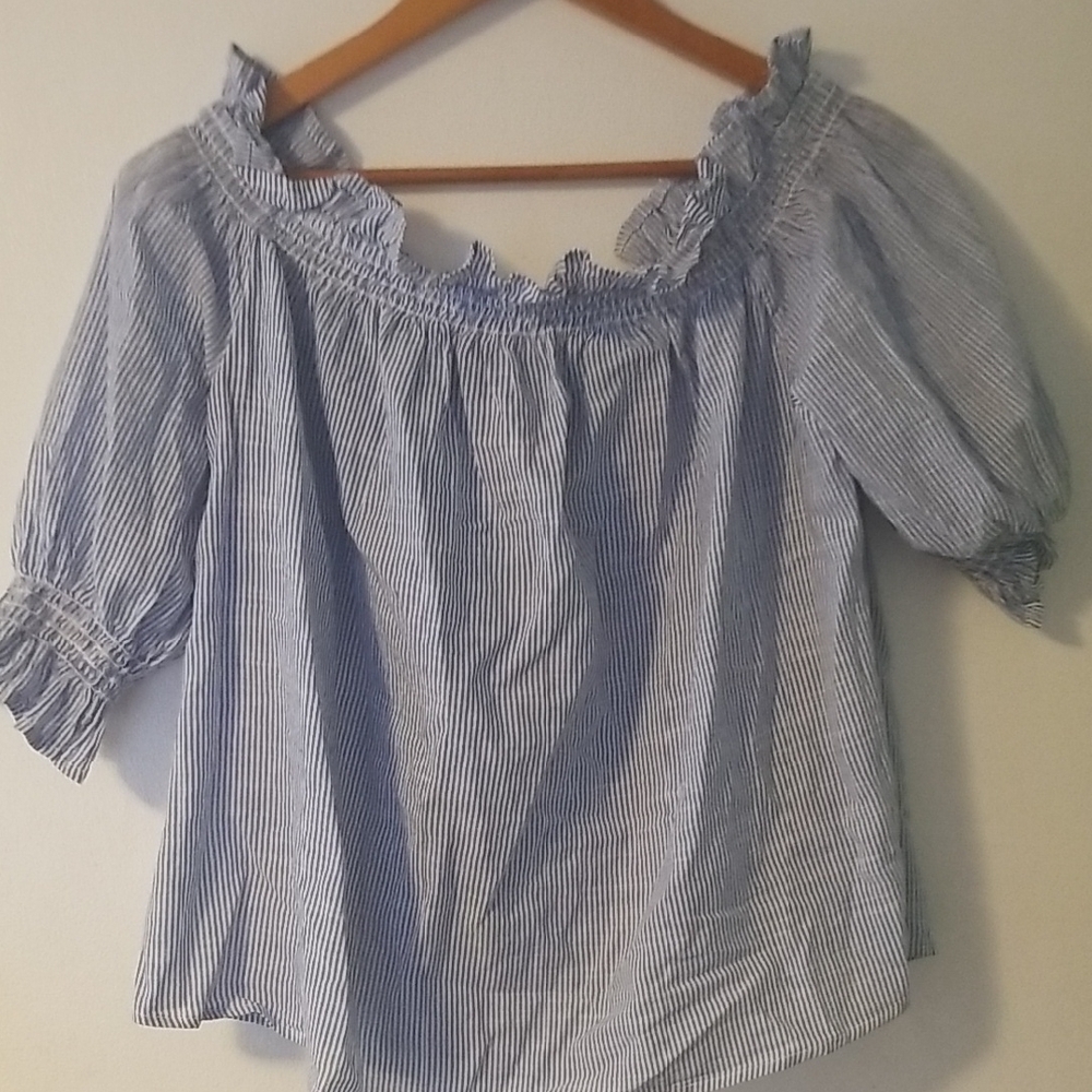 Craft Blue Off the Shoulder Puff Sleeve Ruffled Blouse